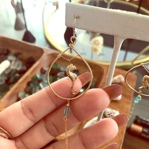 Gold filled wire earrings, handmade, seahorse